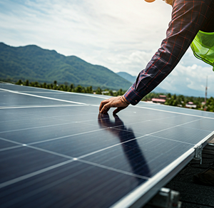 Engineer inspecting a rooftop solar panel during a site visit