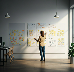 Product planning session mapping ideas on a sticky-note board