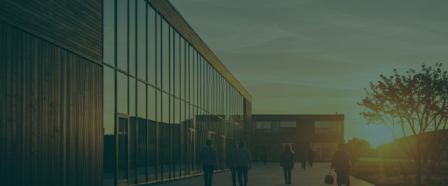 Team members walking outside the office at sunset